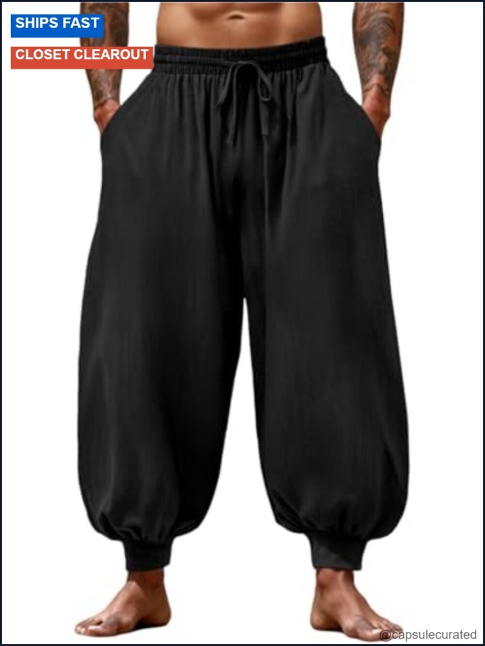 Mens Harem Pants Casual Elastic Waist Drawstring Baggy Hippie Trousers Cotton